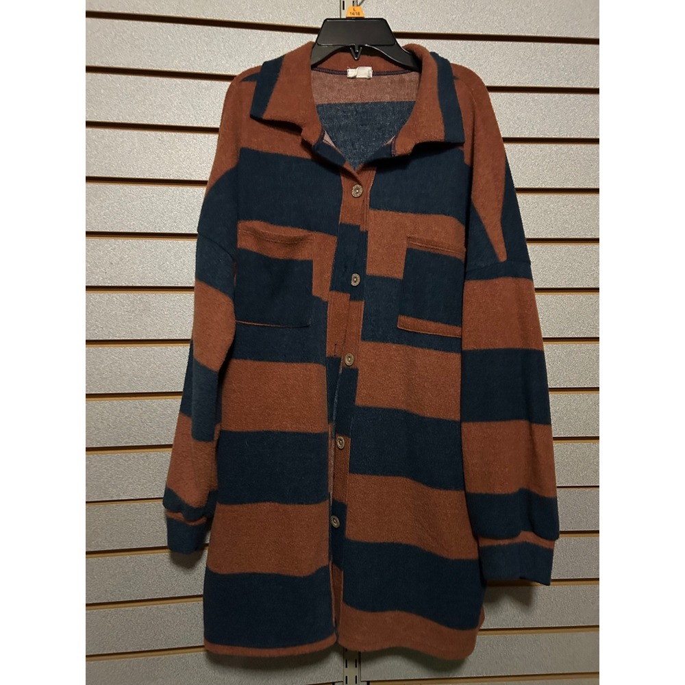 Lovely Melody Striped Shacket Womens 1XL Rust Navy Blue Button Front Oversized